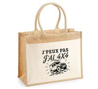Sac Cabas Jute avec Poche J’peux pas j’ai 4x4 J'peux pas minimaliste | Toile de Jute et Coton 21 L Fond Plat Anses 65 cm | Marché Courses Plage | Cadeau Femme Maîtresse Anniversaire Noël