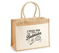Sac Cabas Jute avec Poche J’peux pas j’ai Badminton J'peux pas minimaliste | Toile de Jute et Coton 21 L Fond Plat Anses 65 cm | Marché Courses Plage | Cadeau Femme Maîtresse Anniversaire Noël