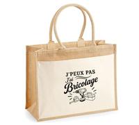 Sac Cabas Jute avec Poche J’peux pas j’ai Bricolage J'peux pas minimaliste | Toile de Jute et Coton 21 L Fond Plat Anses 65 cm | Marché Courses Plage | Cadeau Femme Maîtresse Anniversaire Noël