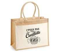 Sac Cabas Jute avec Poche J’peux pas j’ai Cueillette J'peux pas minimaliste | Toile de Jute et Coton 21 L Fond Plat Anses 65 cm | Marché Courses Plage | Cadeau Femme Maîtresse Anniversaire Noël