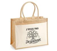 Sac Cabas Jute avec Poche J’peux pas j’ai Généalogie J'peux pas minimaliste | Toile de Jute et Coton 21 L Fond Plat Anses 65 cm | Marché Courses Plage | Cadeau Femme Maîtresse Anniversaire Noël