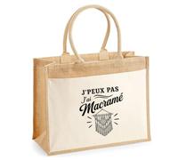 Sac Cabas Jute avec Poche J’peux pas j’ai Macramé J'peux pas minimaliste | Toile de Jute et Coton 21 L Fond Plat Anses 65 cm | Marché Courses Plage | Cadeau Femme Maîtresse Anniversaire Noël