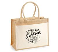 Sac Cabas Jute avec Poche J’peux pas j’ai Patchwork J'peux pas minimaliste | Toile de Jute et Coton 21 L Fond Plat Anses 65 cm | Marché Courses Plage | Cadeau Femme Maîtresse Anniversaire Noël