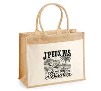 Sac Cabas Jute avec Poche J’peux pas je me barre à Barcelone | Toile de Jute et Coton 21 L Fond Plat Anses 65 cm | Marché Courses Plage | Cadeau Voyageur Femme Maîtresse Anniversaire Noël