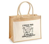 Sac Cabas Jute avec Poche J’peux pas je pars sur le Chemin de Compostelle | Toile de Jute et Coton 21 L Fond Plat Anses 65 cm | Marché Courses Plage | Cadeau Pèlerin Femme Maîtresse Anniversaire Noël