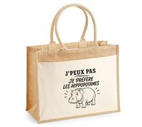 Sac Cabas Jute avec Poche J’peux pas je préfère les Hippopotames | Toile de Jute et Coton 21 L Fond Plat Anses 65 cm | Marché Courses Plage | Cadeau Femme Maîtresse Anniversaire Noël