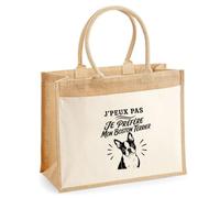 Sac Cabas Jute avec Poche J’peux pas je préfère mon Boston Terrier J'peux pas minimaliste | Toile de Jute et Coton 21 L Fond Plat Anses 65 cm | Marché Courses Plage