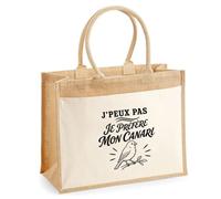 Sac Cabas Jute avec Poche J’peux pas je préfère mon Canari J'peux pas minimaliste | Toile de Jute et Coton 21 L Fond Plat Anses 65 cm | Marché Courses Plage | Cadeau Femme Maîtresse Anniversaire Noël