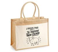 Sac Cabas Jute avec Poche J’peux pas je préfère mon Cochon J'peux pas minimaliste | Toile de Jute et Coton 21 L Fond Plat Anses 65 cm | Marché Courses Plage | Cadeau Femme Maîtresse Anniversaire Noël