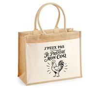 Sac Cabas Jute avec Poche J’peux pas je préfère mon Coq J'peux pas minimaliste | Toile de Jute et Coton 21 L Fond Plat Anses 65 cm | Marché Courses Plage | Cadeau Femme Maîtresse Anniversaire Noël