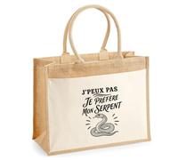 Sac Cabas Jute avec Poche J’peux pas je préfère mon Serpent | Toile de Jute et Coton 21 L Fond Plat Anses 65 cm | Marché Courses Plage | Cadeau Femme Maîtresse Anniversaire Noël
