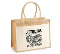 Sac Cabas Jute avec Poche J’peux pas je suis des Côtes-d'Armor | Toile de Jute et Coton 21 L Fond Plat Anses 65 cm | Marché Courses Plage | Cadeau Femme Maîtresse Anniversaire Noël