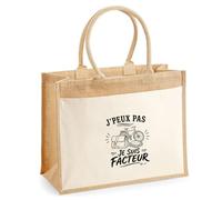 Sac Cabas Jute avec Poche J’peux pas je suis Facteur | Toile de Jute et Coton 21 L Fond Plat Anses 65 cm | Marché Courses Plage | Cadeau Femme Maîtresse Anniversaire Noël