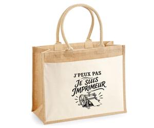 Sac Cabas Jute avec Poche J’peux pas je suis Imprimeur J'peux pas minimaliste | Toile de Jute et Coton 21 L Fond Plat Anses 65 cm | Marché Courses Plage | Cadeau Femme Maîtresse Anniversaire Noël