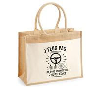 Sac Cabas Jute avec Poche J’peux pas je suis Moniteur d’auto-école J'peux pas minimaliste | Toile de Jute et Coton 21 L Fond Plat Anses 65 cm | Marché Courses Plage
