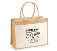 Sac Cabas Jute avec Poche J’peux pas je suis Prof de maths J'peux pas minimaliste | Toile de Jute et Coton 21 L Fond Plat Anses 65 cm | Marché Courses Plage | Cadeau Femme Maîtresse Anniversaire Noël