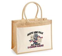 Sac Cabas Jute avec Poche Juste une fille qui adore la chanson française | Toile de Jute et Coton 21 L Fond Plat Anses 65 cm | Marché Courses Plage | Cadeau Chanteuse Femme Maîtresse Anniversaire Noël