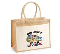 Sac Cabas Jute avec Poche Juste une fille qui adore la Vendée | Toile de Jute et Coton 21 L Fond Plat Anses 65 cm | Marché Courses Plage | Cadeau Vendéenne Femme Maîtresse Anniversaire Noël