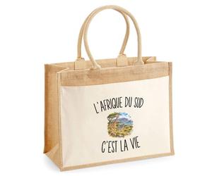 Sac Cabas Jute avec Poche L’Afrique du Sud c’est la vie | Toile de Jute et Coton 21 L Fond Plat Anses 65 cm | Marché Courses Plage | Cadeau Voyageur Voyageuse Femme Maîtresse Anniversaire Noël