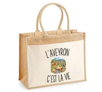Sac Cabas Jute avec Poche L’Aveyron c’est la vie | Toile de Jute et Coton 21 L Fond Plat Anses 65 cm | Marché Courses Plage | Cadeau Femme Maîtresse Anniversaire Noël