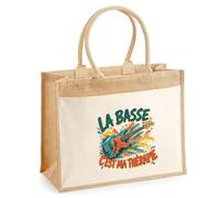 Sac Cabas Jute avec Poche La basse c'est ma thérapie | Toile de Jute et Coton 21 L Fond Plat Anses 65 cm | Marché Courses Plage | Cadeau Femme Maîtresse Anniversaire Noël