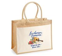Sac Cabas Jute avec Poche La chanson française, toujours une bonne idée | Toile de Jute et Coton 21 L Fond Plat Anses 65 cm | Marché Courses Plage