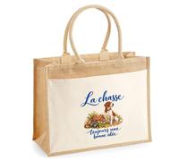 Sac Cabas Jute avec Poche La chasse, toujours une bonne idée | Toile de Jute et Coton 21 L Fond Plat Anses 65 cm | Marché Courses Plage | Cadeau Chasseur Chasseuse Femme Maîtresse Anniversaire Noël
