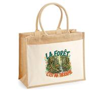 Sac Cabas Jute avec Poche La forêt c'est ma thérapie | Toile de Jute et Coton 21 L Fond Plat Anses 65 cm | Marché Courses Plage | Cadeau Femme Maîtresse Anniversaire Noël