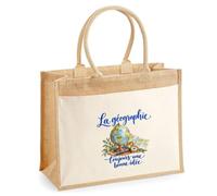 Sac Cabas Jute avec Poche La géographie, toujours une bonne idée | Toile de Jute et Coton 21 L Fond Plat Anses 65 cm | Marché Courses Plage | Cadeau Géographe Femme Maîtresse Anniversaire Noël