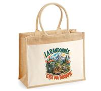 Sac Cabas Jute avec Poche La randonnée c'est ma thérapie | Toile de Jute et Coton 21 L Fond Plat Anses 65 cm | Marché Courses Plage | Cadeau Femme Maîtresse Anniversaire Noël
