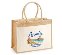 Sac Cabas Jute avec Poche La Vendée, toujours une bonne idée | Toile de Jute et Coton 21 L Fond Plat Anses 65 cm | Marché Courses Plage | Cadeau Vendéen Vendéenne Femme Maîtresse Anniversaire Noël