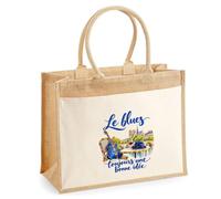 Sac Cabas Jute avec Poche Le blues, toujours une bonne idée | Toile de Jute et Coton 21 L Fond Plat Anses 65 cm | Marché Courses Plage | Cadeau Femme Maîtresse Anniversaire Noël