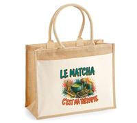 Sac Cabas Jute avec Poche Le matcha c'est ma thérapie | Toile de Jute et Coton 21 L Fond Plat Anses 65 cm | Marché Courses Plage | Cadeau Femme Maîtresse Anniversaire Noël