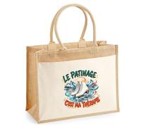 Sac Cabas Jute avec Poche Le patinage c'est ma thérapie | Toile de Jute et Coton 21 L Fond Plat Anses 65 cm | Marché Courses Plage | Cadeau Femme Maîtresse Anniversaire Noël