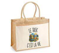 Sac Cabas Jute avec Poche Le Trek c’est la vie | Toile de Jute et Coton 21 L Fond Plat Anses 65 cm | Marché Courses Plage | Cadeau Randonneur Randonneuse Femme Maîtresse Anniversaire Noël