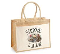 Sac Cabas Jute avec Poche Les cupcakes c'est la vie | Toile de Jute et Coton 21 L Fond Plat Anses 65 cm | Marché Courses Plage | Cadeau Pâtissier Pâtissière Femme Maîtresse Anniversaire Noël