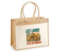 Sac Cabas Jute avec Poche Les lions c'est ma thérapie | Toile de Jute et Coton 21 L Fond Plat Anses 65 cm | Marché Courses Plage | Cadeau Femme Maîtresse Anniversaire Noël