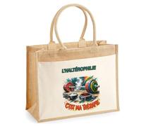 Sac Cabas Jute avec Poche L'haltérophilie c'est ma thérapie | Toile de Jute et Coton 21 L Fond Plat Anses 65 cm | Marché Courses Plage | Cadeau Femme Maîtresse Anniversaire Noël