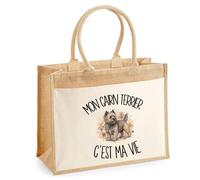 Sac Cabas Jute avec Poche Mon Cairn Terrier c'est ma vie | Toile de Jute et Coton 21 L Fond Plat Anses 65 cm | Marché Courses Plage | Cadeau Propriétaire Chien Femme Maîtresse Anniversaire Noël