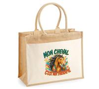 Sac Cabas Jute avec Poche Mon cheval c'est ma thérapie | Toile de Jute et Coton 21 L Fond Plat Anses 65 cm | Marché Courses Plage | Cadeau Femme Maîtresse Anniversaire Noël