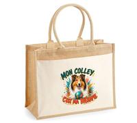 Sac Cabas Jute avec Poche Mon colley c'est ma thérapie | Toile de Jute et Coton 21 L Fond Plat Anses 65 cm | Marché Courses Plage | Cadeau Femme Maîtresse Anniversaire Noël