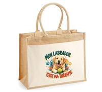 Sac Cabas Jute avec Poche Mon labrador c'est ma thérapie | Toile de Jute et Coton 21 L Fond Plat Anses 65 cm | Marché Courses Plage | Cadeau Femme Maîtresse Anniversaire Noël