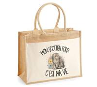 Sac Cabas Jute avec Poche Mon Scottish Fold c'est ma vie | Toile de Jute et Coton 21 L Fond Plat Anses 65 cm | Marché Courses Plage | Cadeau Propriétaire Chat Femme Maîtresse Anniversaire Noël