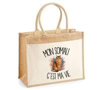 Sac Cabas Jute avec Poche Mon Somali c'est ma vie | Toile de Jute et Coton 21 L Fond Plat Anses 65 cm | Marché Courses Plage | Cadeau Propriétaire Chat Femme Maîtresse Anniversaire Noël
