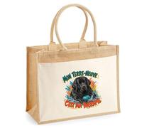 Sac Cabas Jute avec Poche Mon Terre-Neuve c'est ma thérapie | Toile de Jute et Coton 21 L Fond Plat Anses 65 cm | Marché Courses Plage | Cadeau Femme Maîtresse Anniversaire Noël