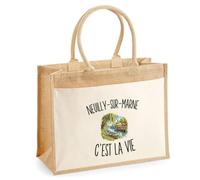 Sac Cabas Jute avec Poche Neuilly-sur-Marne c’est la vie | Toile de Jute et Coton 21 L Fond Plat Anses 65 cm | Marché Courses Plage | Cadeau Nocéen Nocéenne Femme Maîtresse Anniversaire Noël