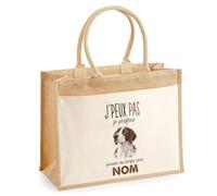Sac Cabas Jute avec Poche Pointer Anglais | Toile de Jute et Coton 21 L Fond Plat Anses 65 cm | Marché Courses Plage | Cadeau Femme Maîtresse Anniversaire Noël