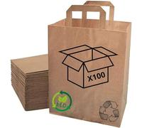 Sac Cabas Papier Kraft Recy ond Plat - Poignées Plates | Lot de 100 Sacs Haute Résistance | Apte Contact Alimentaire | Commernces - Vente à Emporter - Cadeaux (18 + 8 X 22 cm)
