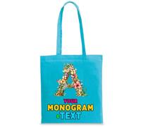 Sac cabas Personnalisé avec Monogramme Floral | Design d’initiale Personnalisée avec Prénom ou Mot en option | Sac pour l’école, le sport, les voyages et un usage quotidien (M Bleu Ciel Multicolore)