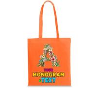 Sac cabas Personnalisé avec Monogramme Floral | Design d’initiale Personnalisée avec Prénom ou Mot en option | Sac pour l’école, le sport, les voyages et un usage quotidien (M Orange Multicolore)